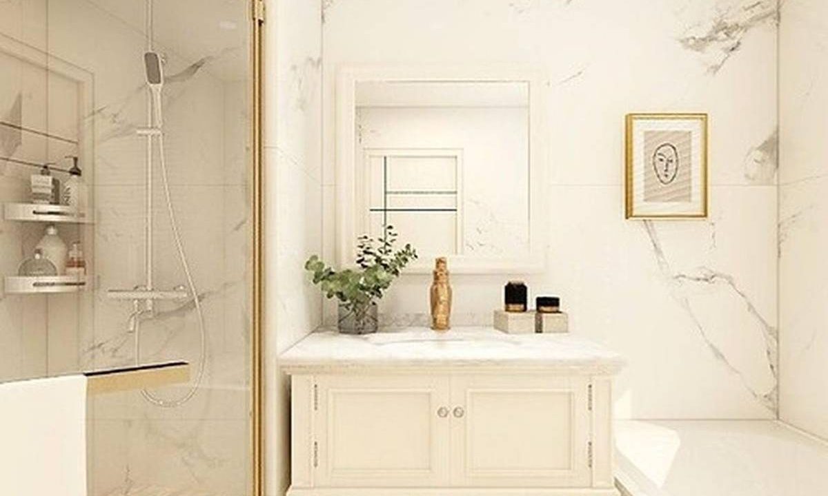 Badezimmer mit Waschtisch und Badewanne